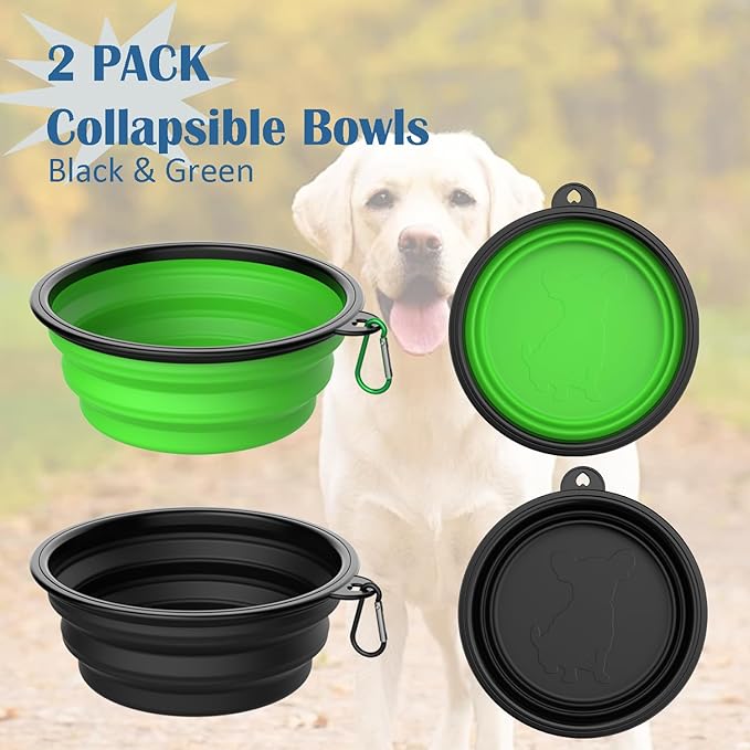 Takfox Collapsible Dog Bowls [2 Pack] 20 oz, Travel Dog Bowls, Pet Bowl Portable Foldable Water Food Feeding Dishes with Carabiner Clip for Traveling Hiking Walking-Black & Green