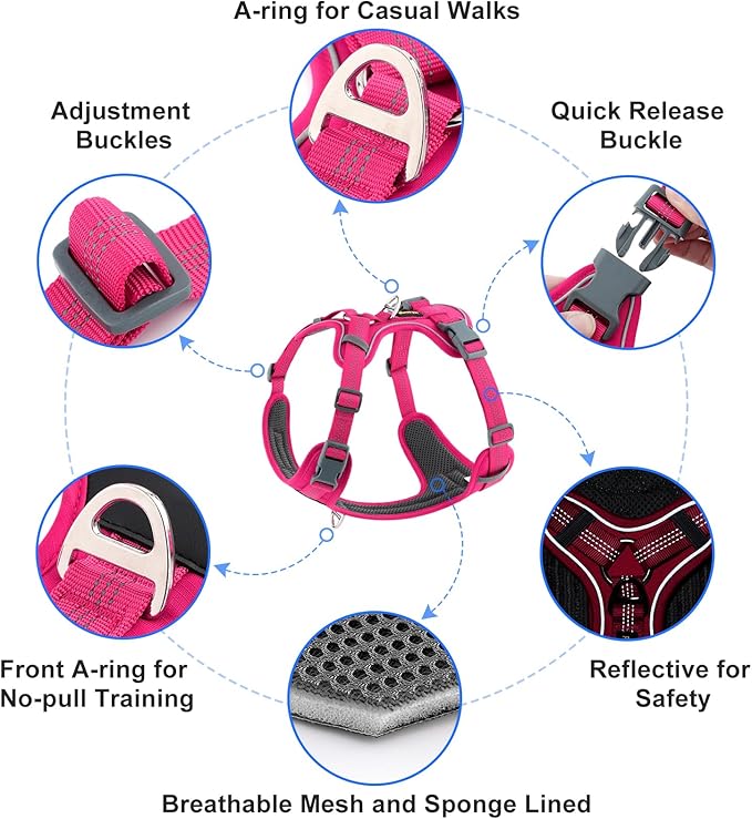 Plutus Pet No Pull Dog Harness, Release at Neck, Soft Padded, Reflective Adjustable Dog Vest Harness for Small, Medium, Large Dogs(Hot Pink, S)