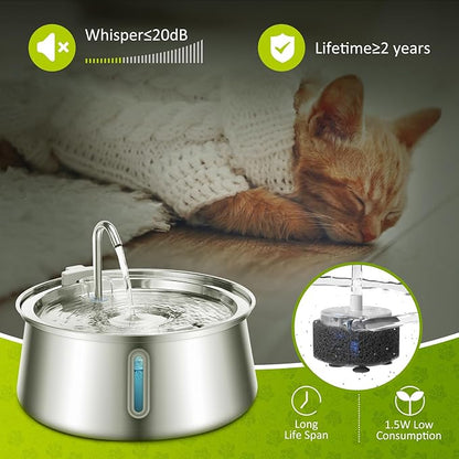 Cat Water Fountain Stainless Steel, 134oz/4L Automatic Pet Water Fountain with Water Level Window, Ultra Quiet Dog Water Dispenser with Filter and Sponge, Faucet Water Fountain for Cat, Dog