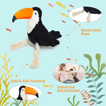 4-Pack Durable Squeaky Dog Toys for Small to Large Dogs Interactive Knot Bird Chew Rope Plush Dog Toys Set Flamingo, Parrot, Toucan, Owl for Teething, Anxiety Relief Perfect for Aggressive Chewers