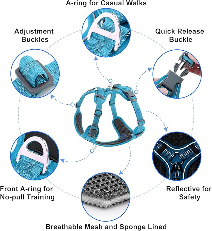 Plutus Pet No Pull Dog Harness, Release at Neck, Soft Padded, Reflective Adjustable Dog Vest Harness for Small, Medium, Large Dogs(Light Blue, XL)
