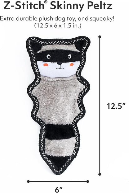 ZippyPaws Z-Stitch Skinny Peltz - No Stuffing Dog Toy to Keep Them Busy, for Small, Medium, & Large Dogs, Squeaky Pet Toy, Soft Plush Unstuffed Chew Toys - Raccoon, 12.5"