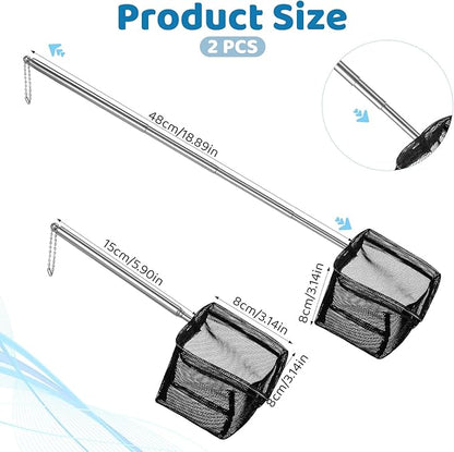 2 Pack Fish Net for Fish Tank Aquarium Net Small Black Aquarium Shrimp Nets with Extendable Stainless Steel Handle Fine Tank Tool Mesh for Shrimp, Food Residue Debris Skimming