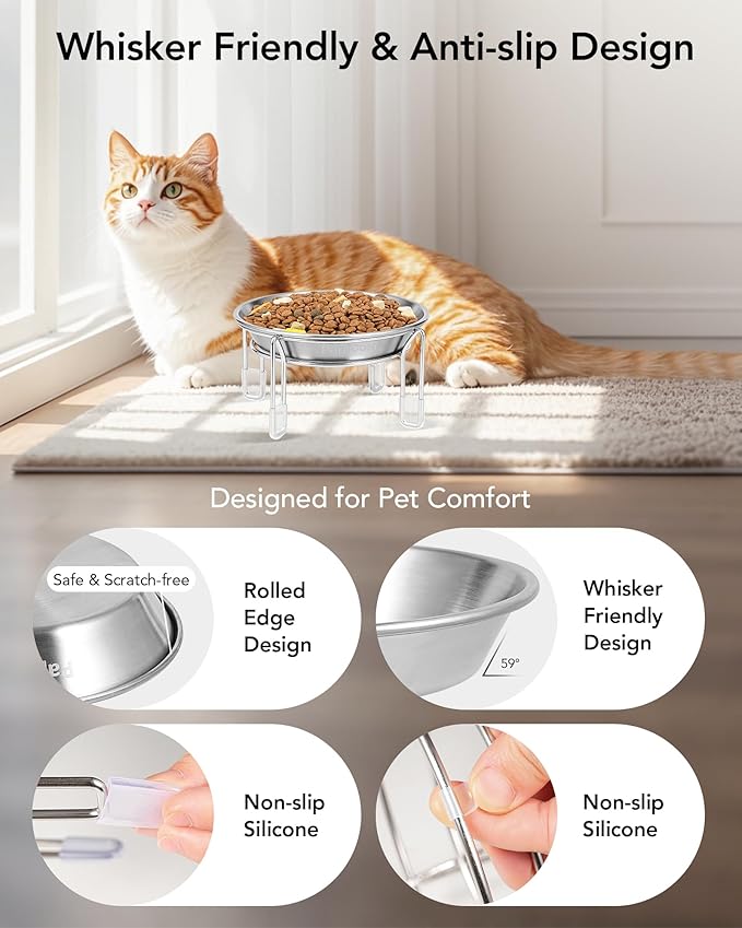 Upgrade Elevated cat Bowl, Raised Stainless Steel Cat Food and Water Dishes, Small Dog Bowl, Whisker Friendly, Anti-Vomiting, Neck Stress-Free, Non-Slip Stainless Steel Stand with 4 Legs- 3Pack
