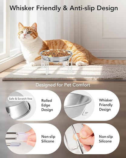 Upgrade Elevated cat Bowl, Raised Stainless Steel Cat Food and Water Dishes, Small Dog Bowl, Whisker Friendly, Anti-Vomiting, Neck Stress-Free, Non-Slip Stainless Steel Stand with 4 Legs- 3Pack