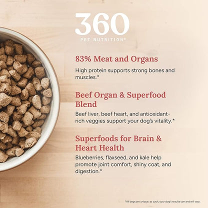 360 Pet Nutrition Freeze-Dried Raw Dog Food – Beef Recipe with Liver & Organs, High Protein with Omega-3s, Fruits, Veggies & Superfoods, Grain-Free, No Fillers, 1 lb – Made in USA