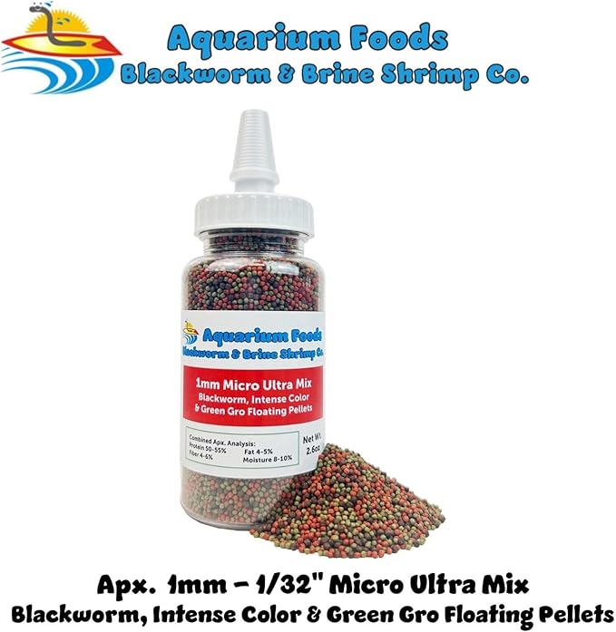 Aquatic Foods Inc. 1mm Ultra Mix of Blackworm, Intense Color Enhancing & Spirulina Green GRO Floating Pellets for Guppies, Tetras, Bettas, Nano Fish, Baby Fish…2.6oz Squeeze Bottle