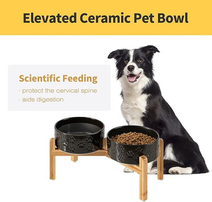 7.3" Raised Ceramic Pet Bowl Set, 2 Non-Slip Dog Dishes with Stand, Elevated Food & Water Bowls for Medium Breed Dogs, Protects Cervical Spine (Double Bowls + Stand - Black, 7.3 inch)