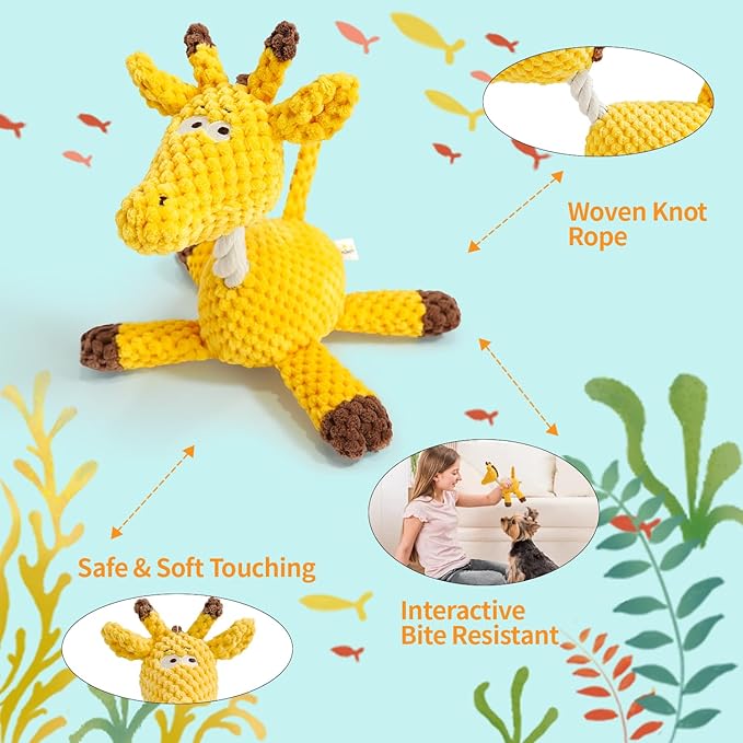 4-Pack Squeaky Dog Toys Durable Ropes Chew Stuffed Animals Toys Interactive Tug of War Plush Dog Toy with Whistle Bundle Pet Toys Set: Giraffe, Dinosaur, Cow and Elephant Dog Toy to Keep Them Busy