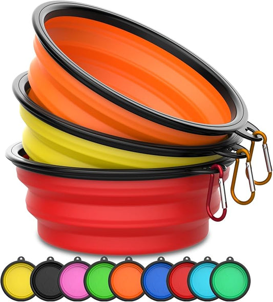 Takfox Collapsible Dog Bowls [3 Pack] 20 oz, Travel Dog Bowls, Pet Bowl Portable Foldable Water Food Feeding Dishes with Carabiner Clip for Traveling Hiking Walking-Red & Orange & Yellow