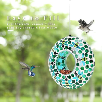 VCUTEKA Bird Feeder Mosaic Fly Through Bird Feeders for Outside Hanging with Round Shape Glass Container to Attract More Wild Birds for Garden, Yard, Backyard, Deck and Porch Decor, Bee 10-Inch