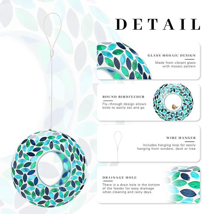 VCUTEKA Bird Feeder Mosaic Fly Through Bird Feeders for Outside Hanging with Round Shape Glass Container to Attract More Wild Birds for Garden, Yard, Backyard, Deck and Porch Decor, Green 10-Inch