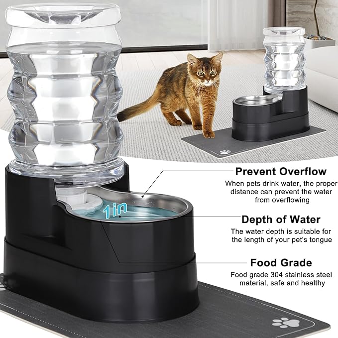 RIZZARI Automatic Cat Water Dispenser: Black 7L Elevated - Stainless Steel Gravity Feeder - Splash Guard Mat