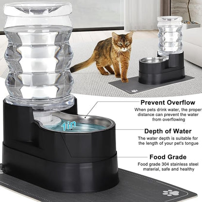RIZZARI Automatic Cat Water Dispenser: Black 7L Elevated - Stainless Steel Gravity Feeder - Splash Guard Mat