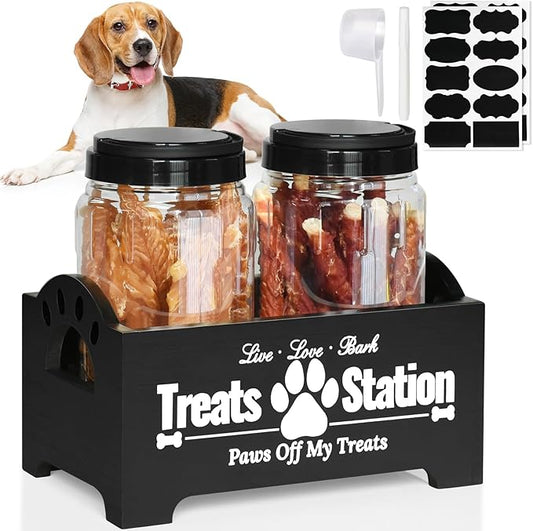 Dog Treat Container Dog Food Container for Dog Food Storage, Farmhouse Cat Food Container Pet Food Storage Organizer, Wood Dog Treat Holder with 2 Plastic Cat Dog Treat Jars, Black Cat Treat Container