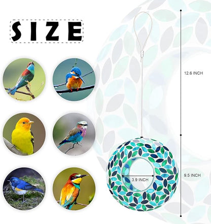 VCUTEKA Bird Feeder Mosaic Fly Through Bird Feeders for Outside Hanging with Round Shape Glass Container to Attract More Wild Birds for Garden, Yard, Backyard, Deck and Porch Decor, Green 10-Inch