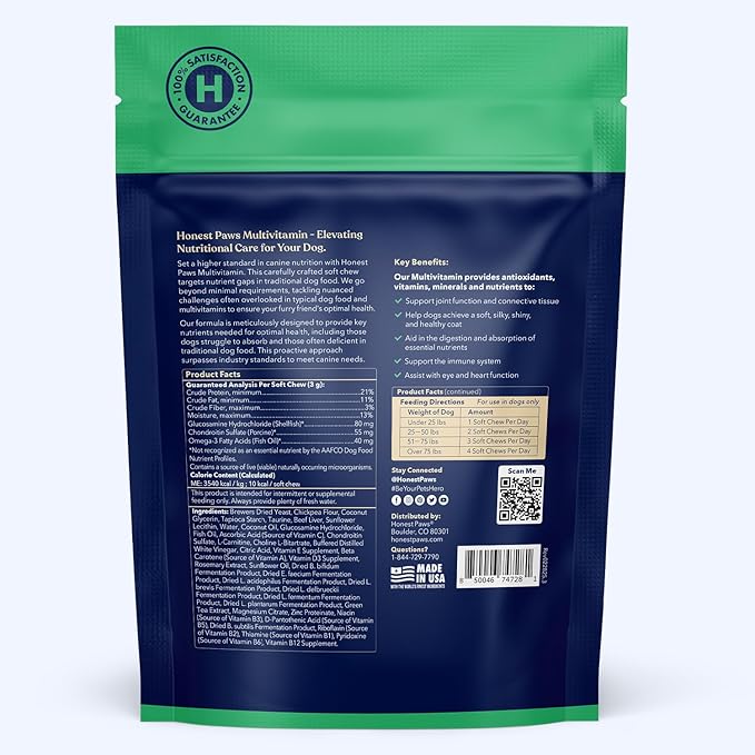 Honest Paws (90 Count) Dog Multivitamin Soft Chews with 10 Essential Vitamins - Joint, Coat, Immune, Eye & Heart Support - with Glucosamine, Chondroitin & Omega-3 - Beef Flavor