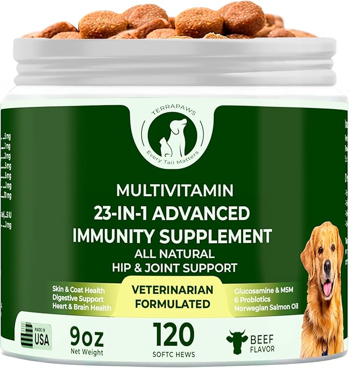 23-in-1 Multivitamin for Dogs – Soft Chews with Glucosamine, Chondroitin, MSM, Probiotics, Cranberry, Biotin, Zinc, Salmon Oil, Vitamins B, C, E – Hip & Joint, Skin, Digestive & Immune Support