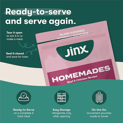 Jinx Beef Grain Free Wet Dog Food Pouches, Meal or Dog Food Topper Mix-in, Made with Real Beef & Chicken, Bone Broth & Brown Rice, No Fillers, Puppy, Adult, Senior, 9oz, 6 Pack