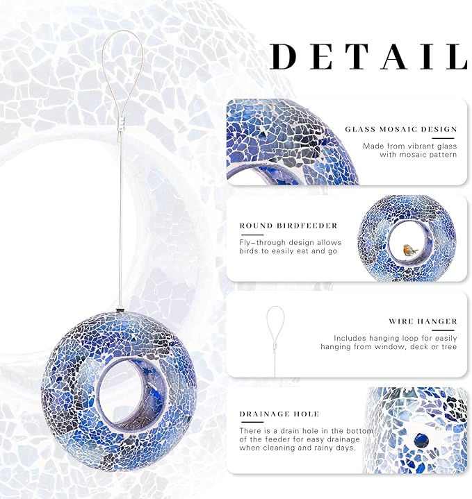 VCUTEKA Bird Feeder Mosaic Fly Through Bird Feeders for Outside Hanging with Round Shape Glass Container to Attract More Wild Birds for Garden, Yard, Backyard, Deck and Porch Decor, 8-Inch