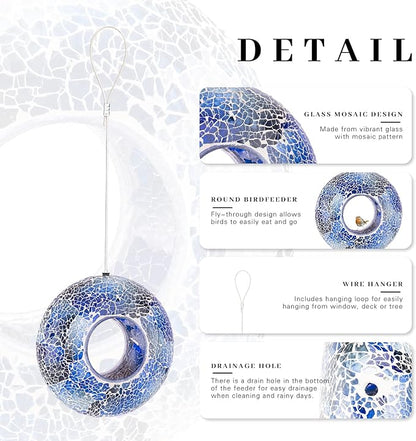 VCUTEKA Bird Feeder Mosaic Fly Through Bird Feeders for Outside Hanging with Round Shape Glass Container to Attract More Wild Birds for Garden, Yard, Backyard, Deck and Porch Decor, 8-Inch