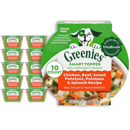 Greenies Smart Topper High Protein Wet Mix-in for Dogs, Chicken, Beef, Sweet Potatoes, Potatoes & Spinach Recipe in Vitabroth Broth- Bone Broth + Vitamins E & B1, 10 Count
