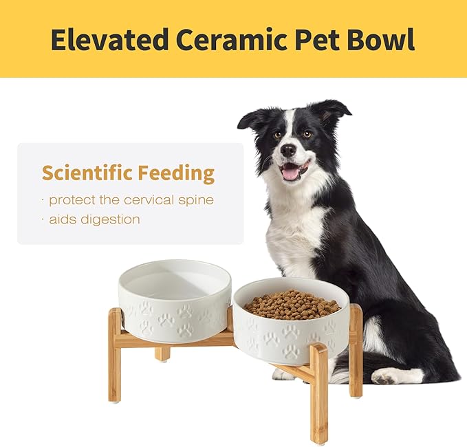 7.3" Raised Ceramic Pet Bowl Set, 2 Non-Slip Dog Dishes with Stand, Elevated Food & Water Bowls for Medium Breed Dogs, Protects Cervical Spine (Double Bowls + Stand - White, 7.3 inch)