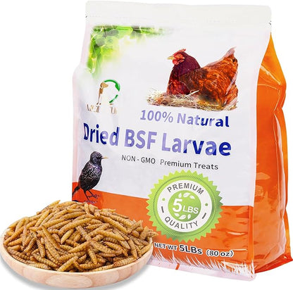 5lbs Dried Black Soldier Fly Larvae for Chickens - 100% Natural BSF Larvae More Calcium Than Dried Mealworms - High Protein BSFL Chicken Treats for Laying Hens Ducks Birds