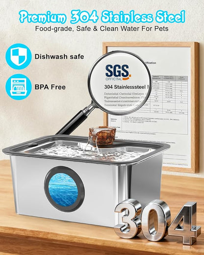 Dog Water Fountain for Large Dogs Stainless Steel 3 Gallon Big Pet Drinking Fountain with Filter, Electric Cat Watering Dispenser with Large-Filtration Area & Deeper Drinking Super Quiet