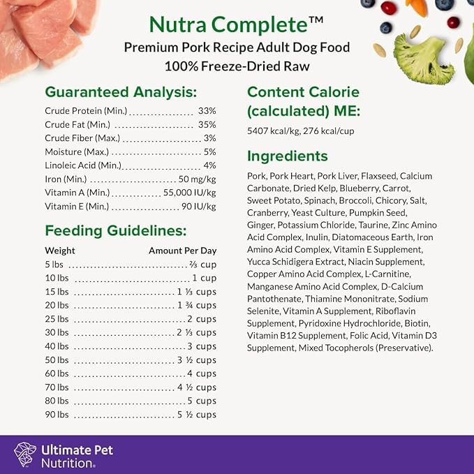 ULTIMATE PET NUTRITION Nutra Complete, 100% Freeze Dried Veterinarian Formulated Raw Dog Food with Antioxidants Prebiotics and Amino Acids, (1 Pound (Pack of 4), Pork)