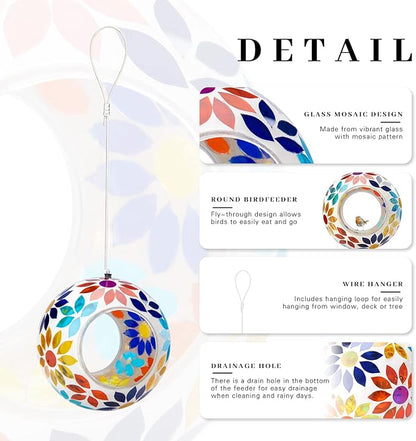 VCUTEKA Bird Feeder Mosaic Fly Through Bird Feeders for Outside Hanging with Round Shape Glass Container to Attract More Wild Birds for Garden, Yard, Backyard, Deck and Porch Decor, 7-Inch