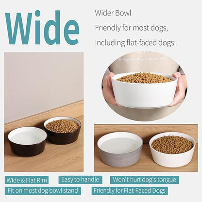 White Dog Bowl Ceramic for Medium Large Breed, Heavy Weighted Dog Food Water Dish, 8 in Non - Slip Modern Cute Extra Big Porcelain Pet Bowl Maze Wide Mouth