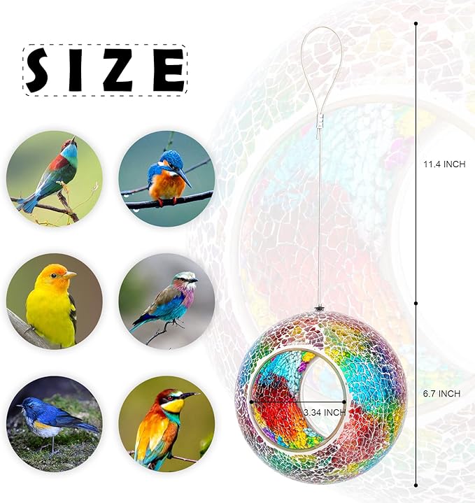 VCUTEKA Bird Feeder Mosaic Fly Through Bird Feeders for Outside Hanging with Round Shape Glass Container to Attract More Wild Birds for Garden, Yard, Backyard, Deck and Porch Decor, Purple 7-Inch