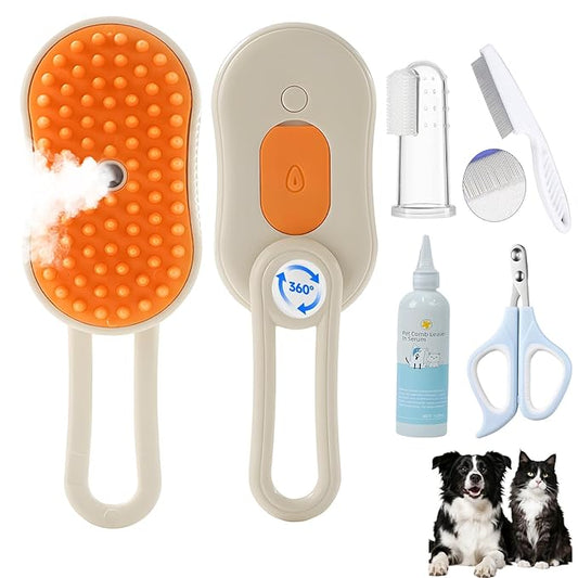 4-in-1 Cat & Dog Steam Deshedding Brush -Grooming Tool with Shedding, Cleaning, Massage & Combing, Includes Flea Comb, Nail Clippers, Pet Finger Toothbrush,120ml Cleaning Solution (Orange set)