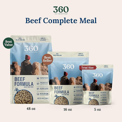 360 Pet Nutrition Freeze-Dried Raw Dog Food – Beef Recipe with Liver & Organs, High Protein with Omega-3s, Fruits, Veggies & Superfoods, Grain-Free, No Fillers, 3 lb – Made in USA