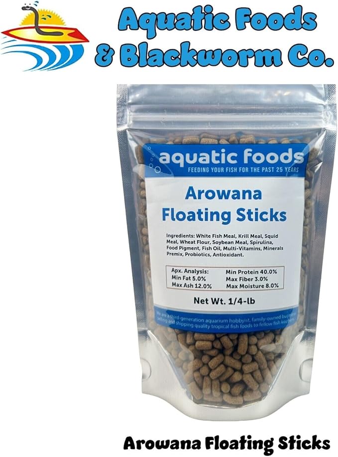Aquatic Foods Inc. Arowana 3/8" x 7/32" 40% Protein Floating Sticks for Arowana, Oscars, Flower Horns, Red Parrots All Central and South American Cichlids...WL…1/4-lb Foil Pouch Bag