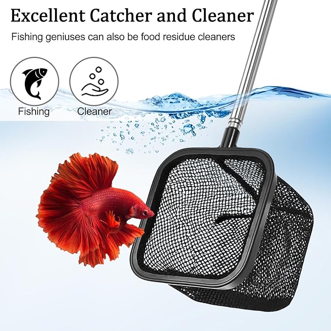Aquarium Shrimp Net, Shrimp Skimming Aquarium Nets with Extendable Stainless Steel Handle Fish Net for Fish Tank Aquariums Small Ponds Baby-Fish Food Residue Debris, Retractable 7.8-18 Inches Long
