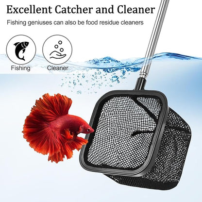 Aquarium Shrimp Net, Shrimp Skimming Aquarium Nets with Extendable Stainless Steel Handle Fish Net for Fish Tank Aquariums Small Ponds Baby-Fish Food Residue Debris, Retractable 7.8-18 Inches Long