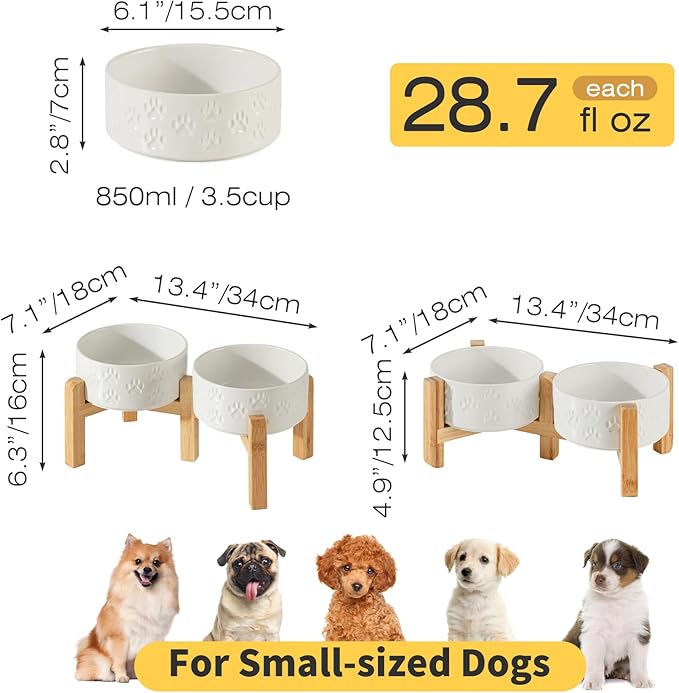 6" Raised Ceramic Dog Bowl Set, Reversible 2-Bowl Dog Stand with Dual Fixed Heights, 3.5 Cups, Elevated Food and Water Bowls for Small Breed Dogs, Microwave safe (Double Bowls + Stand - White, 6 inch)