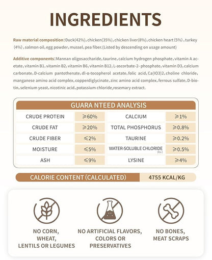 Freeze-Dried Raw Cat Food, 97% Animal Origin Dry Food for Cat, High Protein Treat & Topper (Chicken & Duck - 14 Ounce)