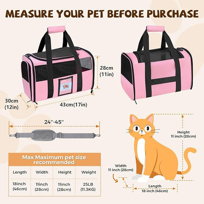 Pet Carrier 17Lx12Wx11H inches, Airline Approved,Pet Travel Carrier Bag for Small Cats and Dogs, Soft Dog Carrier for 1-25 LBS Pets,Dog Cat Carrier with Safety Lock Zipper (Pink)
