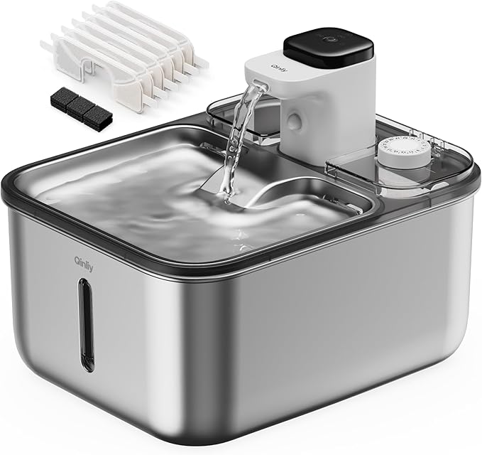 Automatic Stainless Steel cat Water Fountain for Pets Indoor, Wireless Metal Dispenser, Cordless Battery Operated Dog Drinking Fountains, Rechargeable Waterer with Motion Sensor, Black,3.5L 6 Filters