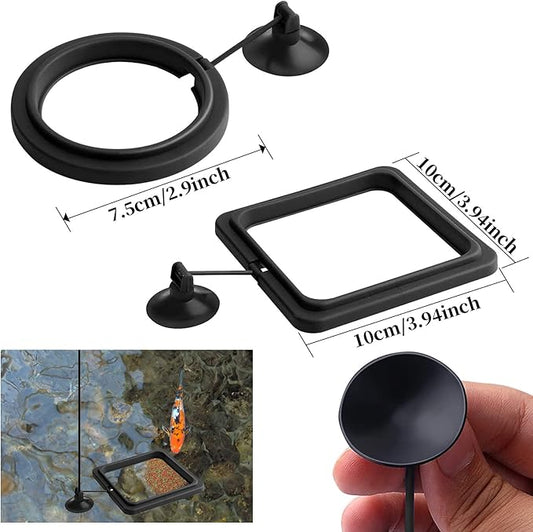 2PCS Fish Feeding Ring,Fish Feeder Circle Aquarium and Tank Floating Rings Food Feeders with Suction Cup for Goldfish Turtle and Other Smaller Fish (Round and Square, Black)