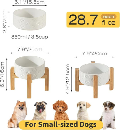 2 Pack Elevated Ceramic Dog Bowls, 6.1 inch Raised Dog Bowl with 2-Height Adjustable Stand for Small Dogs, Reducing Neck Strain (Double Bowls + Double Stands - White, 6 inch)