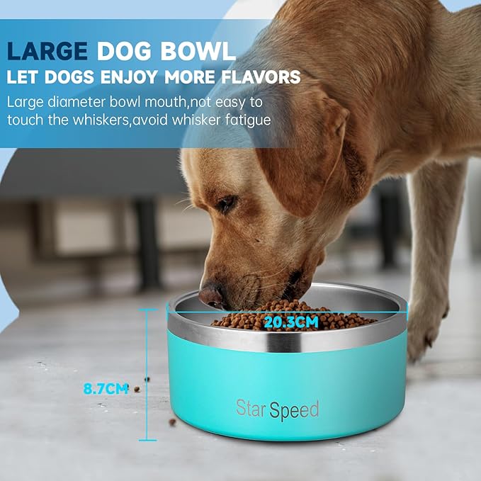 StarSpeed Stainless Steel Dog Bowl. Large Dog Water Bowl with Rubber Bottom, Drop Resistant, Keeps Cold, Holds 8 Cups (64oz), Light Green