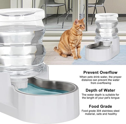 RIZZARI Gravity Water Bowl Dispenser for Cats: 3L White Stainless Steel Water Feeder Without Filter - 100% BPA-Free Automatic Dispenser Home Use