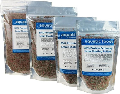 Aquatic Foods Inc. 1mm - 1/32, 35% Protein Economy Floating Pellets for All Community Fish, Tetras, Guppies, Angel Fish, Cichlids, Goldfish. All Tropical Fish - WL…1/2-lb Foil Pouch Bag