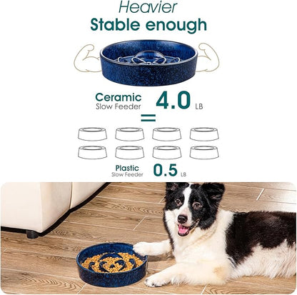 vancasso Slow Feeder Dog Bowl, 3 Cups Ceramic Slow Feeder for Large Breed, Puzzle Maze Dog Food Bowl for Fast Eater, Blue