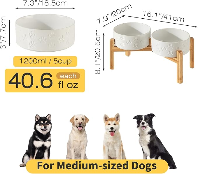 7.3" Raised Ceramic Pet Bowl Set, 2 Non-Slip Dog Dishes with Stand, Elevated Food & Water Bowls for Medium Breed Dogs, Protects Cervical Spine (Double Bowls + Stand - White, 7.3 inch)