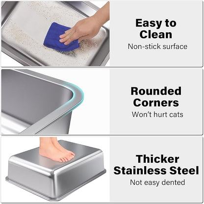 Stainless Steel Litter Box 2 Pack, Metal Litter Box for Cat, Easy Clean Non Stick Easy Entry No Smell Steel Litterbox for Kitty/Rabbit